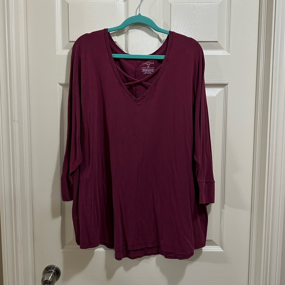 Boutique plus short sleeve criss cross neck dark pink shirt size 3X